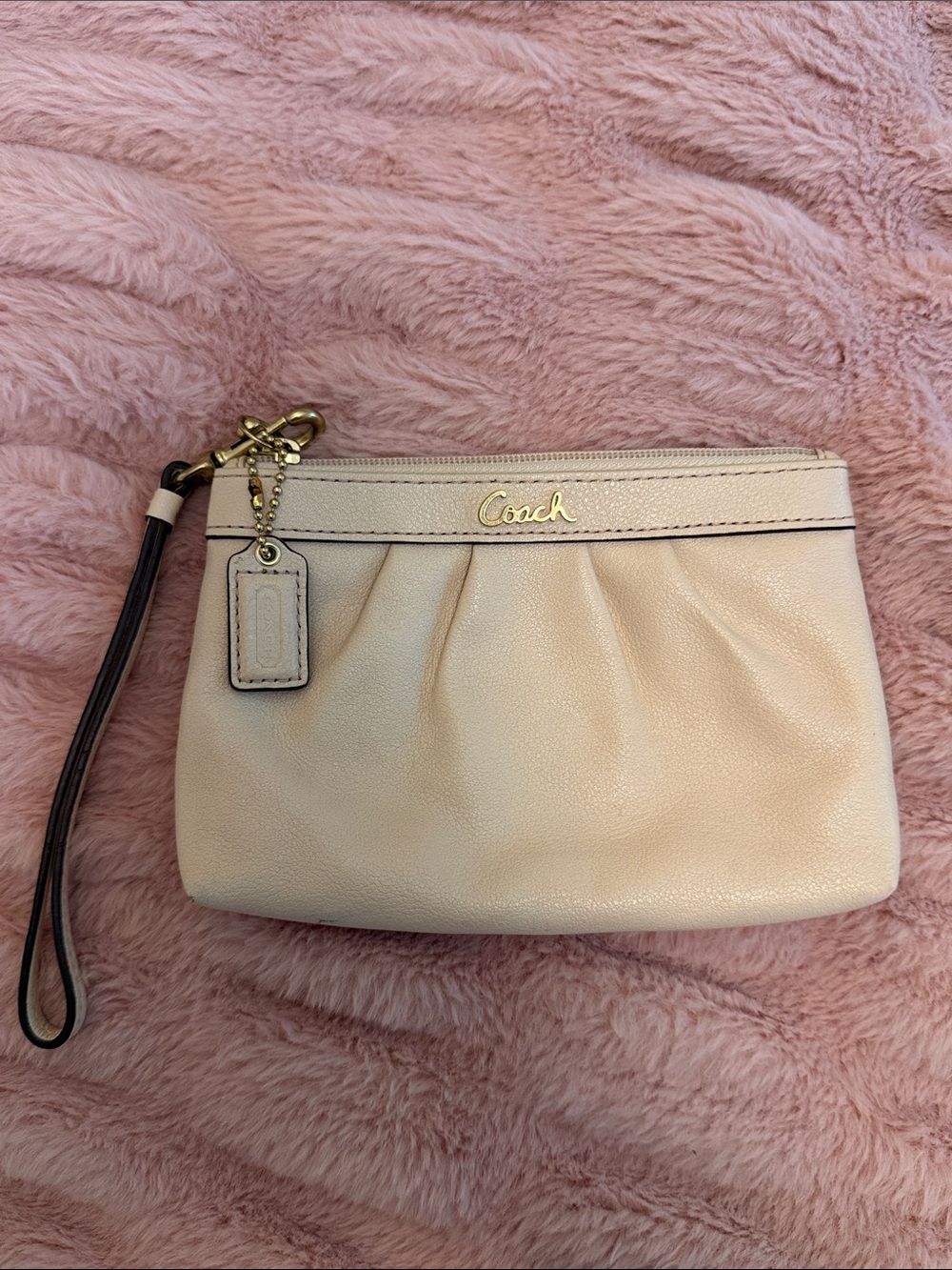 Coach Cream Pebbled Leather Wristlet with Gold Hardware